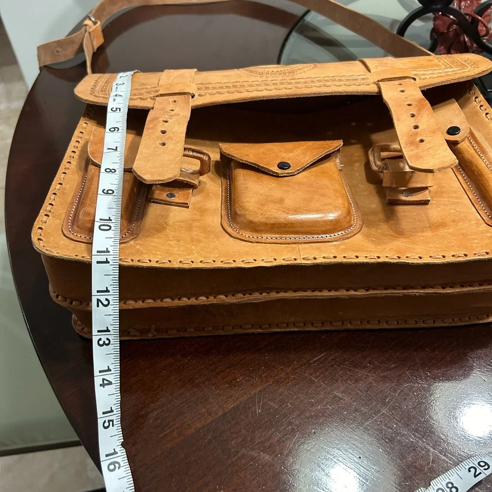 - Genuine and decorated leather briefcase, camel color, unisex, medium size